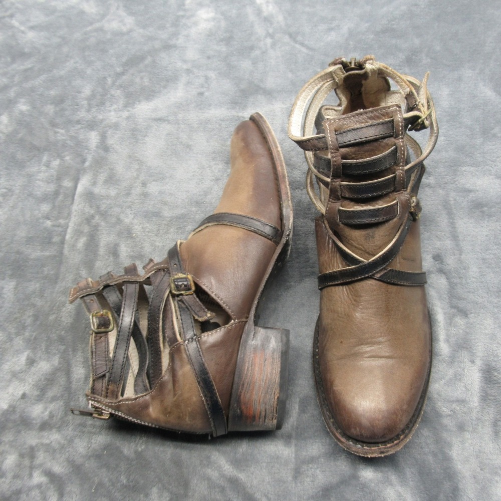 Freebird Stair Boots Womens 9M Brown Cutout Ankle Leather Buckle Zip Strappy